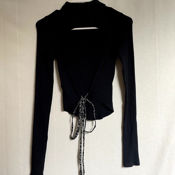 Free People Black Ribbed Mock Turtleneck Low Back Tie XS Top - Picture 3 of 5